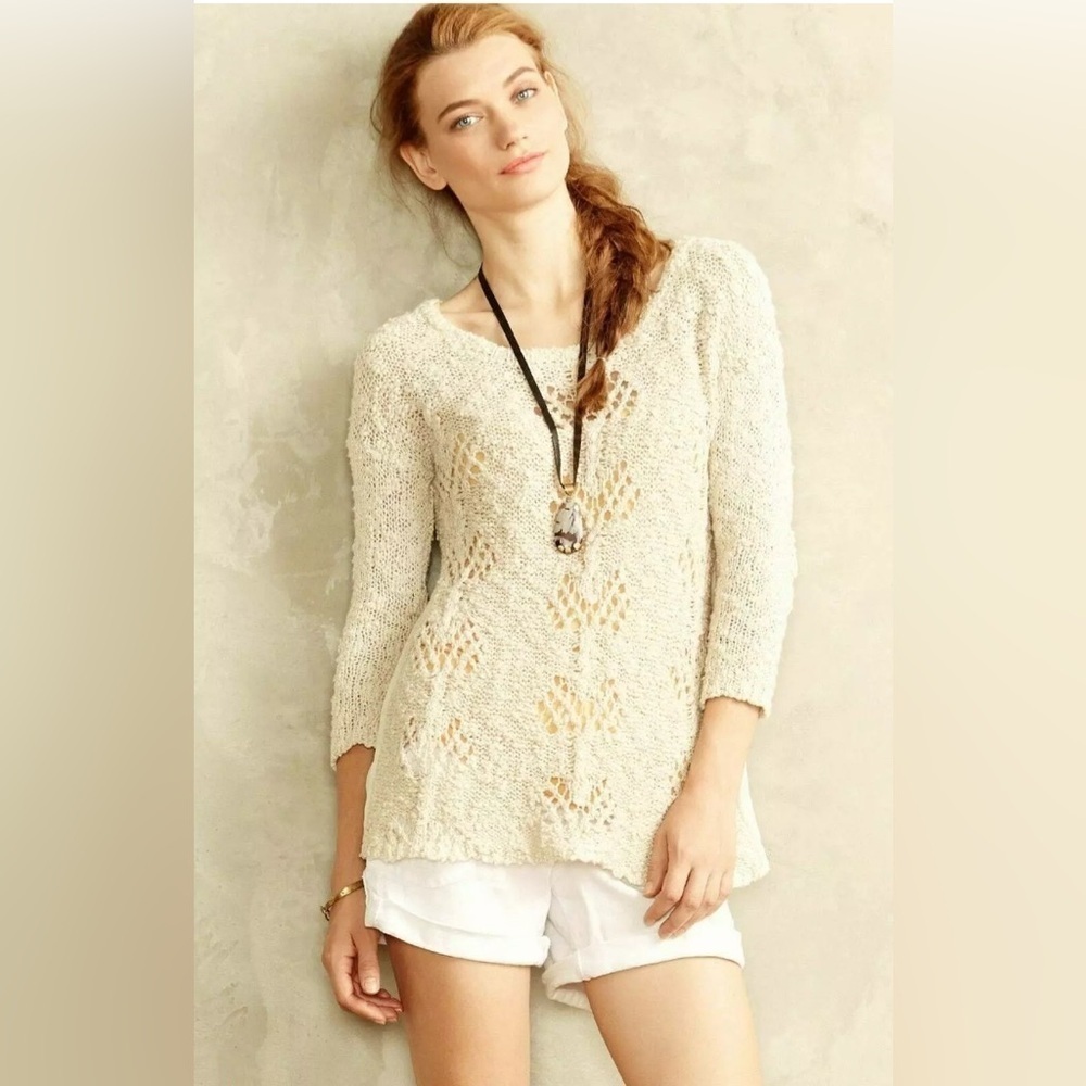 Anthro KNITTED & KNOTTED L Ivory Boucle Mesh Lace Cottagecore Open Knit Sweater